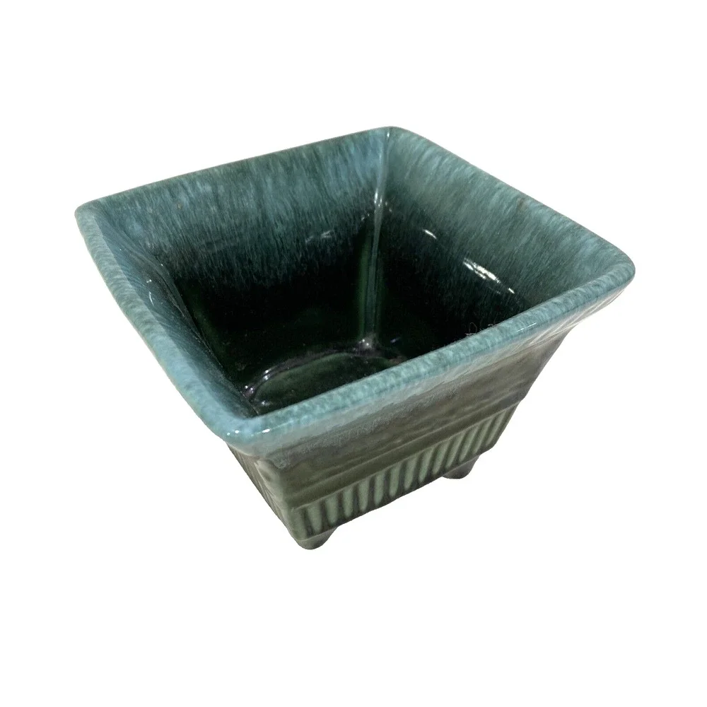 Hull USA Art Pottery Small Square Planter #A2 Green Drip Glaze Mid Century